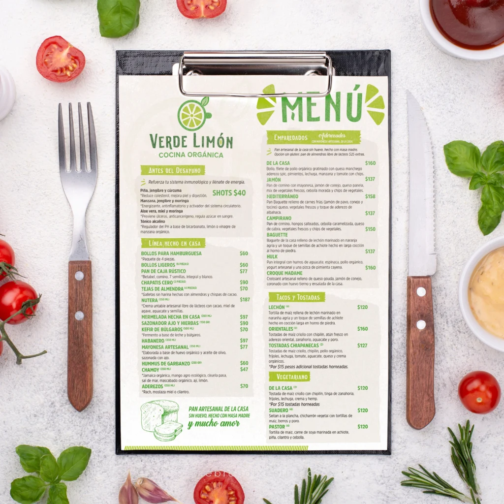 Diseño de menú para Restaurantes Orgánicos Menú